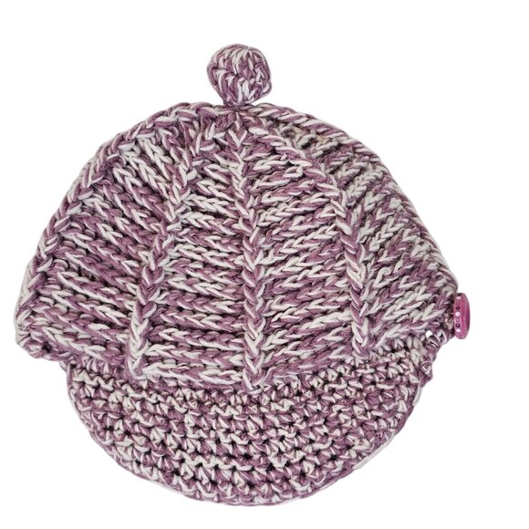 Ladies OS Fall Winter Warm Cozy Cable Knit Wool Riding Cap Purple White Pom Pom - Picture 11 of 16